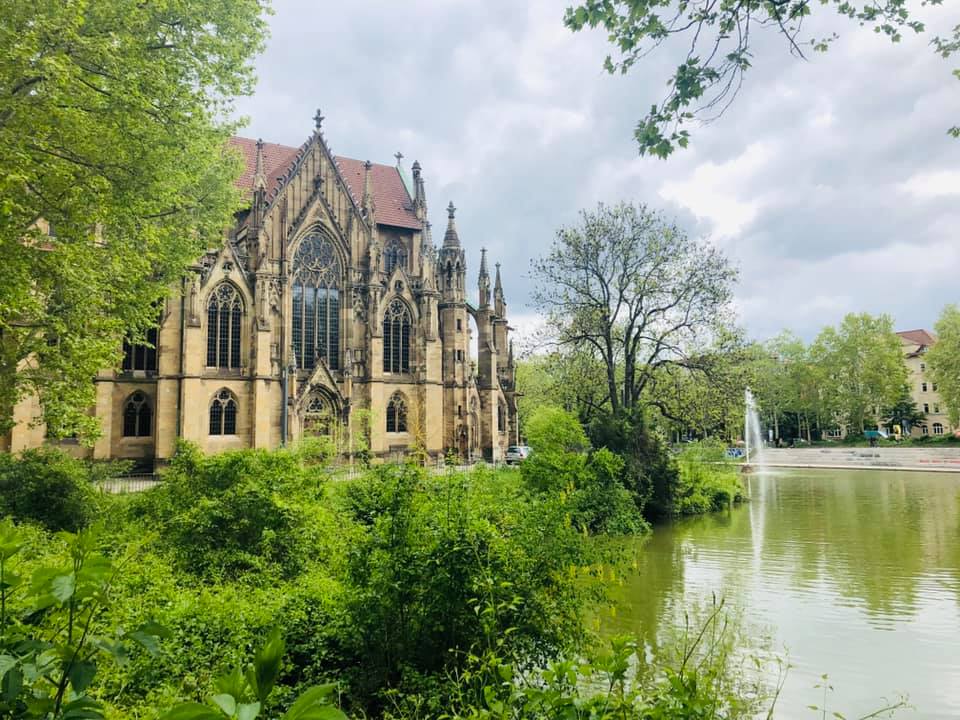 The Protestant Church of St John in Stuttgart was built in the Gothic Revival style from 1864 to 1876 by its chief architect, Christian Friedrich von Leins. It lies on a peninsula of the Feuersee, while the main entrance and tower marks the beginning of the former Johannesstraße