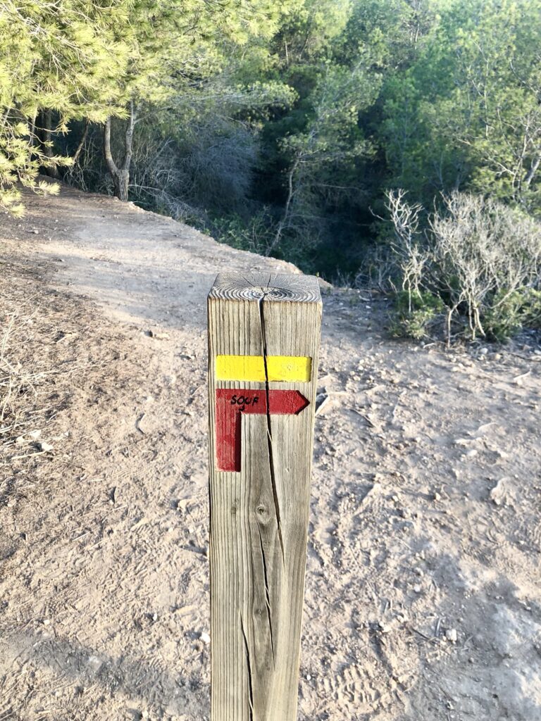 Trail marker with red and yellow lines for the Seven Hanging Valleys Trail