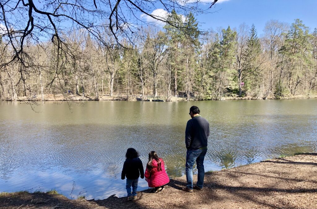 Bärensee a man made lake in stuttgart germany surrounded by beautiful hiking trails and nature. a family standing along the water admiring the views. 