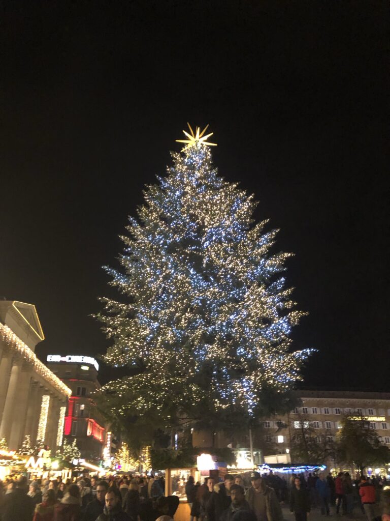 A giant Christmas tree displayed in downtown Stuttgart at the Stuttgart Christmas Market in Germany