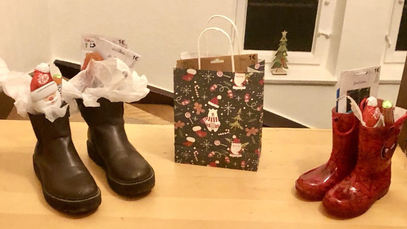 Childrens boots filled with treats from St. Nicholas day in germany.