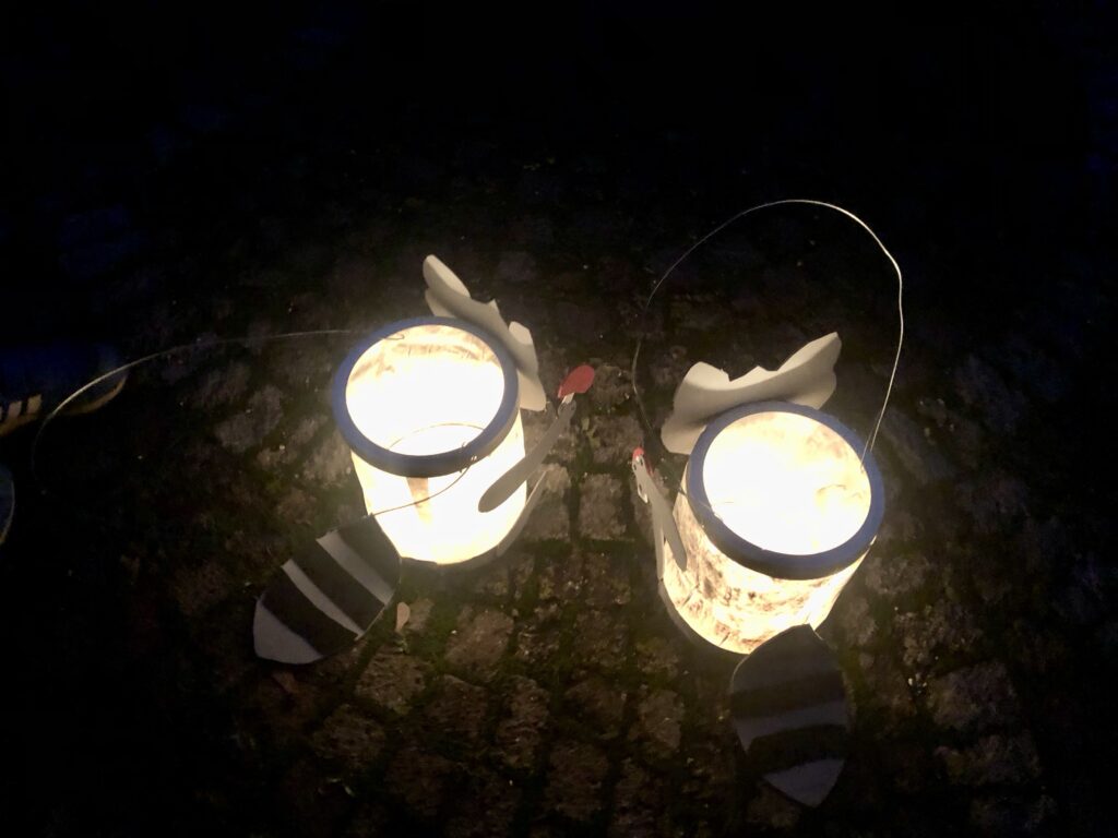 Paper lanterns decorated as raccoons  made by children for a St. Martin's Day celebration in Germany. 