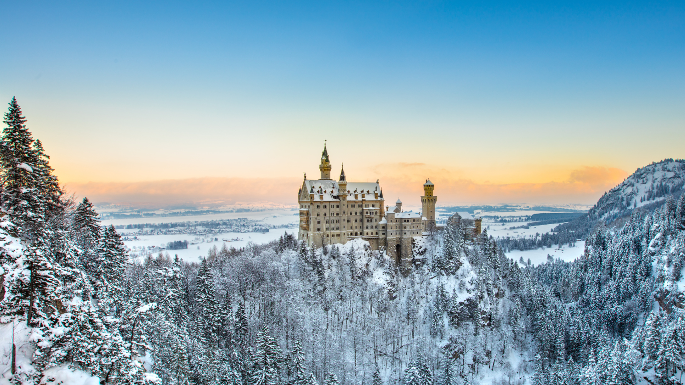 Neuschwanstein Castle covered in snow in Bavaria, Germany