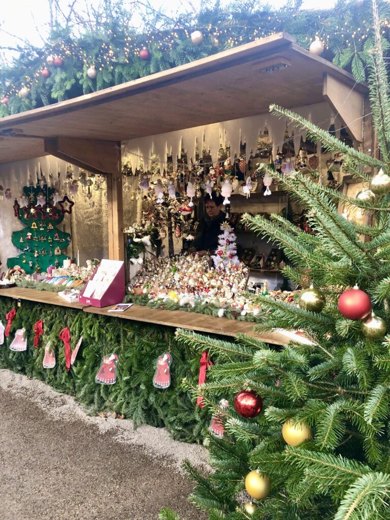 A Christmas stall selling ornaments and other handmade items at the Baden-Baden Christmas market in Germany. 