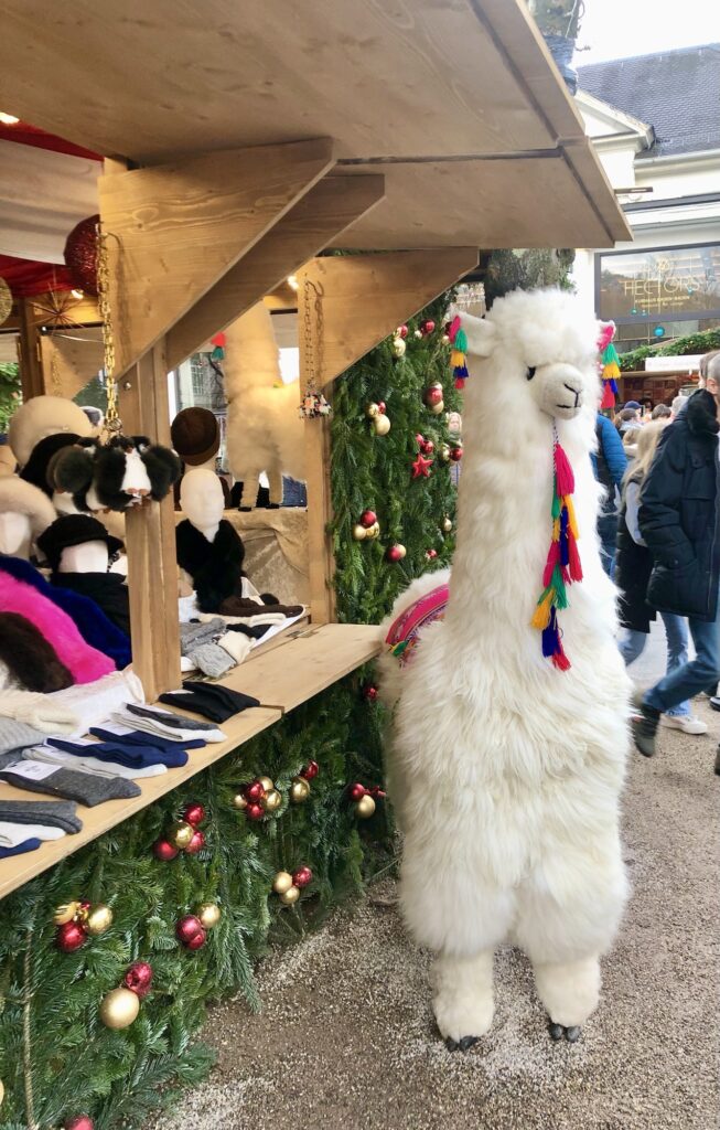 Scarves and gloves and winter accessories made from Alpaca wool at the Baden-Baden Christmas market in Germany. 
