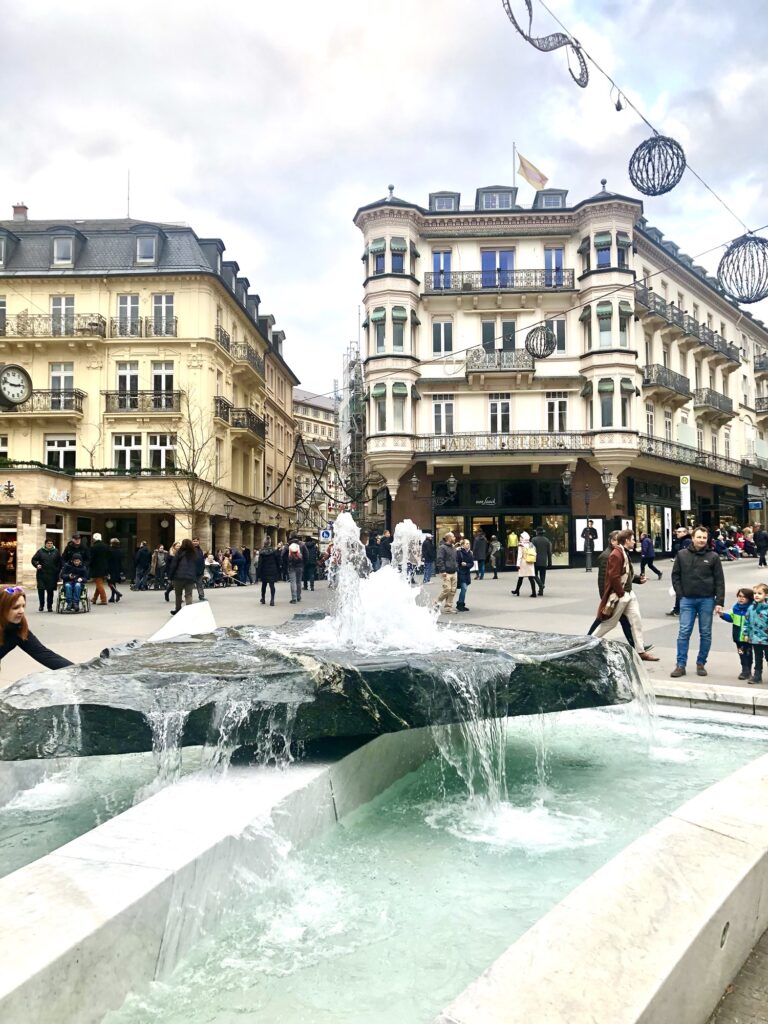 A fountain and shopping area in the heart of Baden-Baden, Germany 