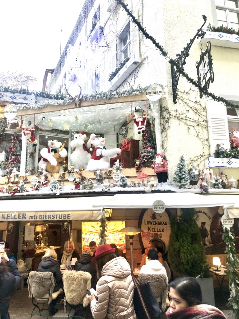 Löwenbrau in Baden-Baden, Germany displaying festive Christmas decorations. 