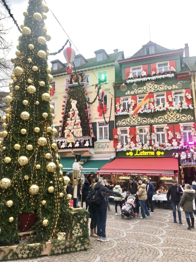 Festive holiday displays at Baden-Baden Christmas market in Baden-Baden, Germany.